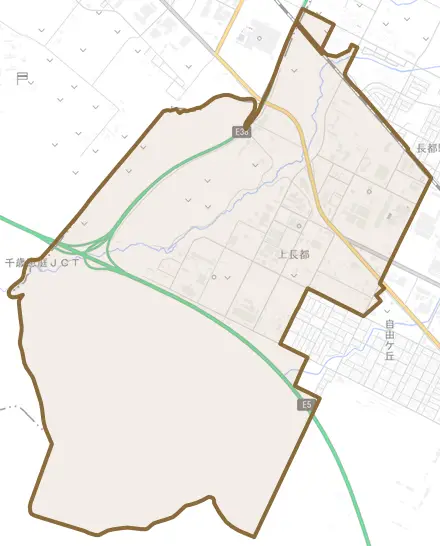 上長都とその周辺の地図。町の範囲を重ねている