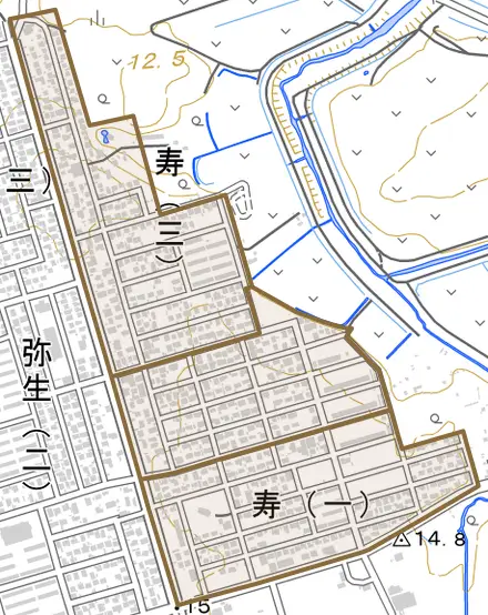 寿とその周辺の地図。町の範囲を重ねている