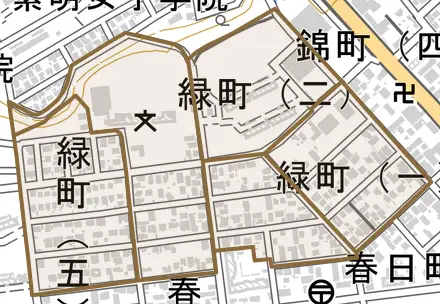 緑町とその周辺の地図。町の範囲を重ねている