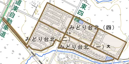 みどり台北とその周辺の地図。町の範囲を重ねている