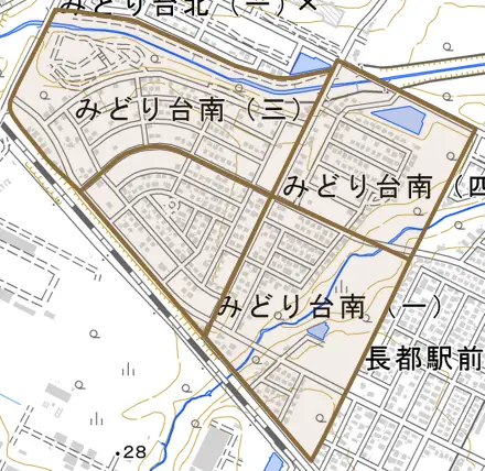 みどり台南とその周辺の地図。町の範囲を重ねている