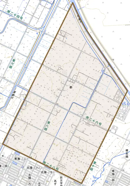 都とその周辺の地図。町の範囲を重ねている