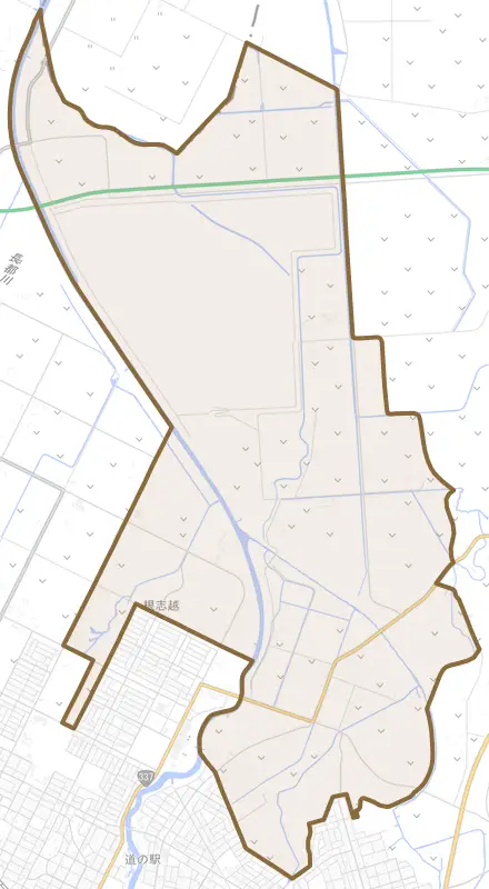 根志越とその周辺の地図。町の範囲を重ねている