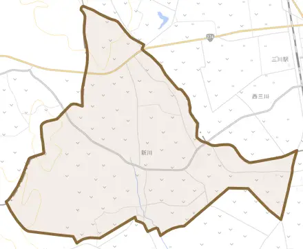 新川とその周辺の地図。町の範囲を重ねている