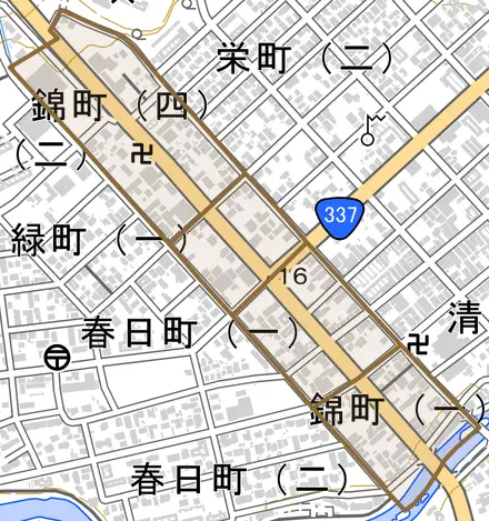 錦町とその周辺の地図。町の範囲を重ねている