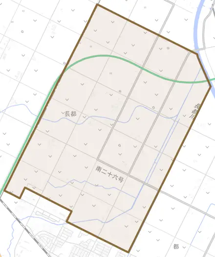 長都とその周辺の地図。町の範囲を重ねている