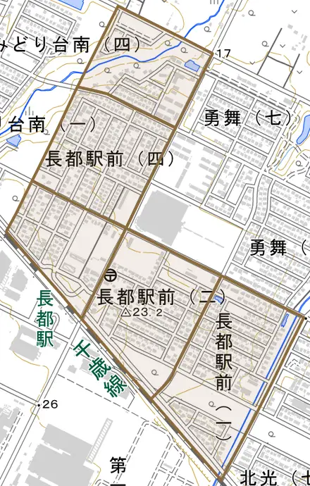 長都駅前とその周辺の地図。町の範囲を重ねている