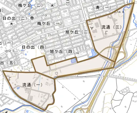 流通とその周辺の地図。町の範囲を重ねている
