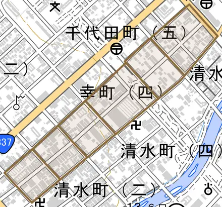 幸町とその周辺の地図。町の範囲を重ねている
