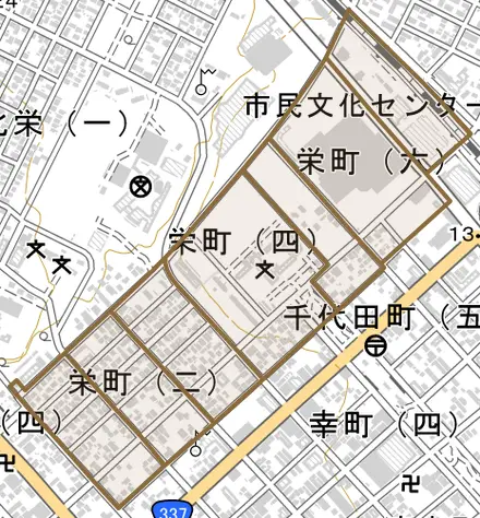 栄町とその周辺の地図。町の範囲を重ねている