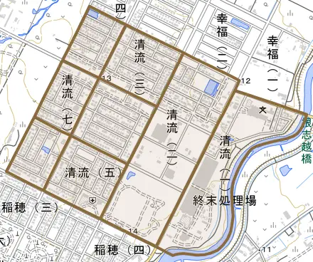 清流とその周辺の地図。町の範囲を重ねている