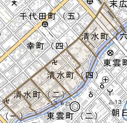 清水町とその周辺の地図。町の範囲を重ねている