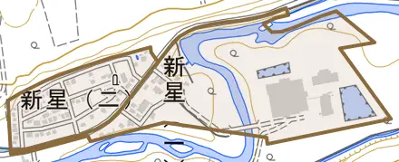 新星とその周辺の地図。町の範囲を重ねている