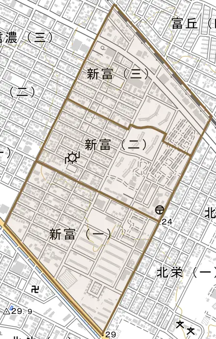 新富とその周辺の地図。町の範囲を重ねている