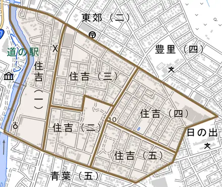住吉とその周辺の地図。町の範囲を重ねている