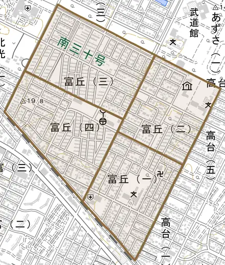 富丘とその周辺の地図。町の範囲を重ねている