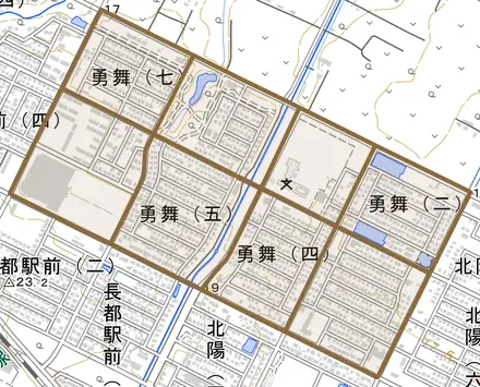 勇舞とその周辺の地図。町の範囲を重ねている