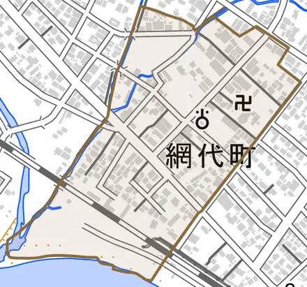 網代町とその周辺の地図。町の範囲を重ねている