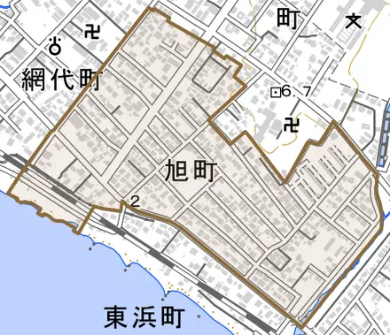 旭町とその周辺の地図。町の範囲を重ねている