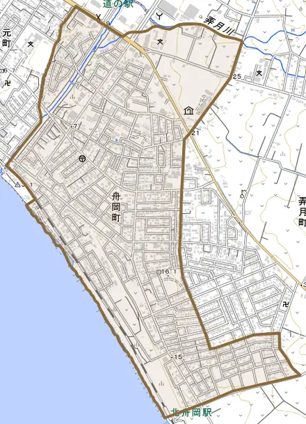 舟岡町とその周辺の地図。町の範囲を重ねている