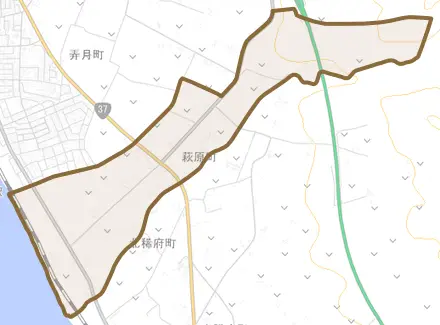 萩原町とその周辺の地図。町の範囲を重ねている