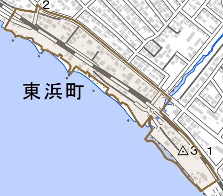 東浜町とその周辺の地図。町の範囲を重ねている