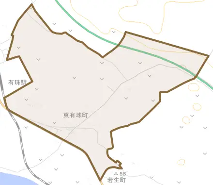 東有珠町とその周辺の地図。町の範囲を重ねている
