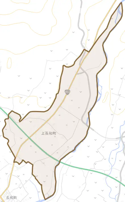 上長和町とその周辺の地図。町の範囲を重ねている