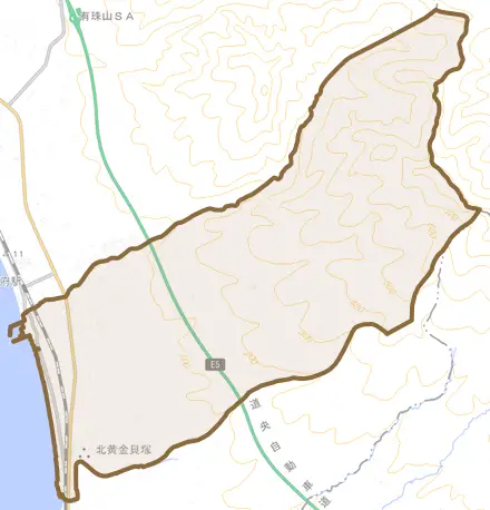 北黄金町とその周辺の地図。町の範囲を重ねている