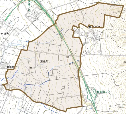 清住町とその周辺の地図。町の範囲を重ねている