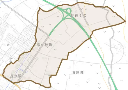 松ヶ枝町とその周辺の地図。町の範囲を重ねている