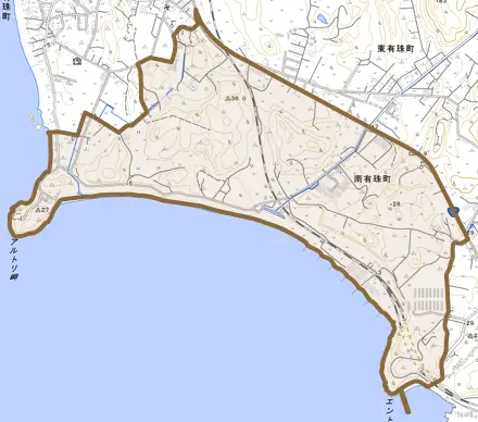 南有珠町とその周辺の地図。町の範囲を重ねている