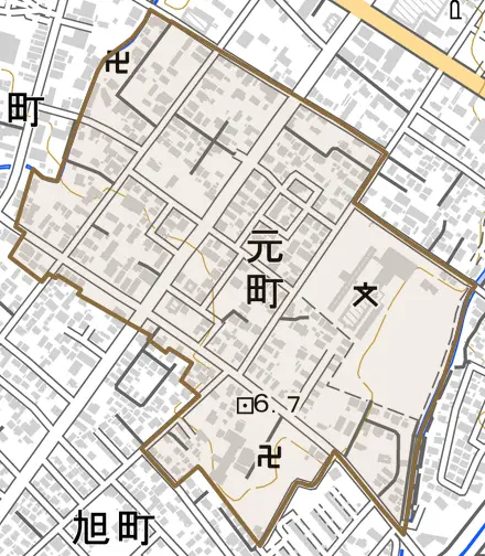 元町とその周辺の地図。町の範囲を重ねている