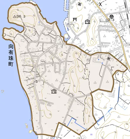 向有珠町とその周辺の地図。町の範囲を重ねている