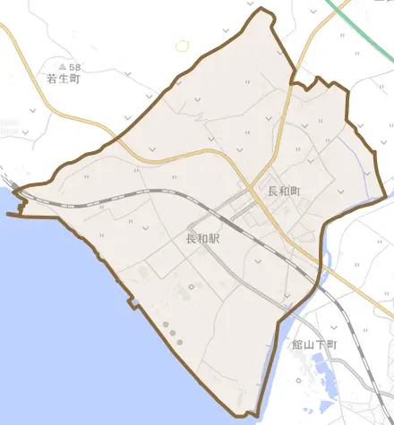 長和町とその周辺の地図。町の範囲を重ねている