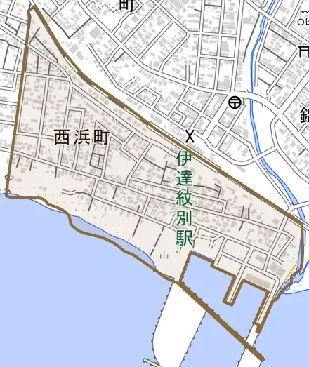 西浜町とその周辺の地図。町の範囲を重ねている