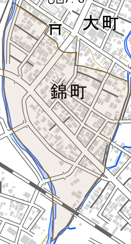 錦町とその周辺の地図。町の範囲を重ねている