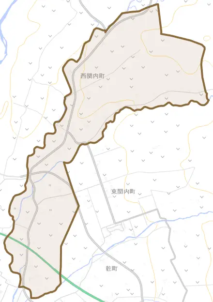 西関内町とその周辺の地図。町の範囲を重ねている