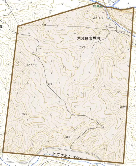 大滝区宮城町とその周辺の地図。町の範囲を重ねている