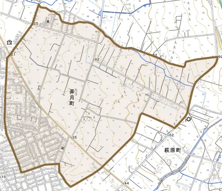 弄月町とその周辺の地図。町の範囲を重ねている