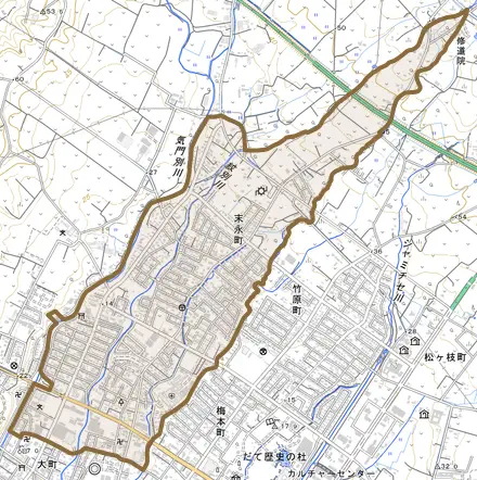 末永町とその周辺の地図。町の範囲を重ねている
