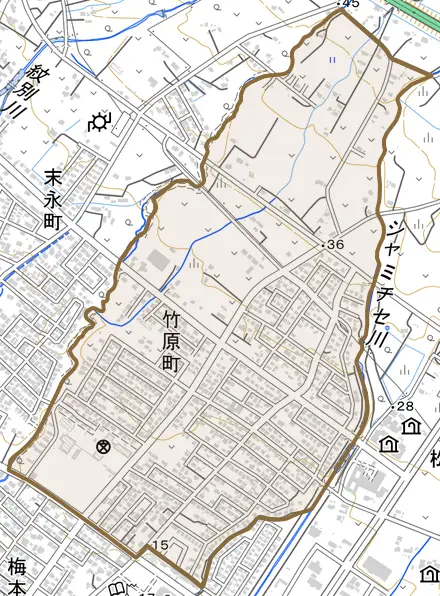 竹原町とその周辺の地図。町の範囲を重ねている