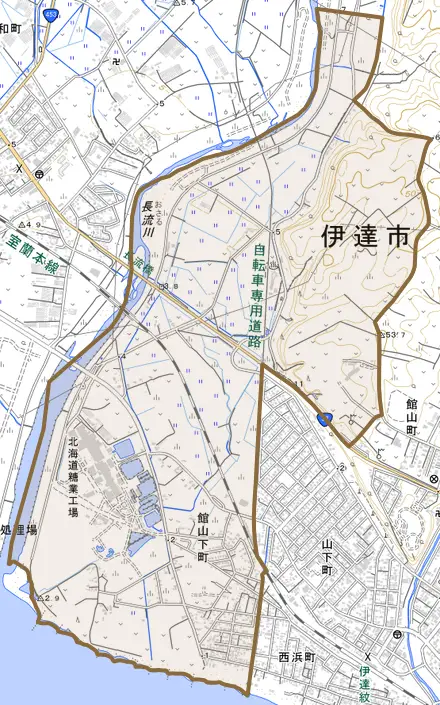 館山下町とその周辺の地図。町の範囲を重ねている