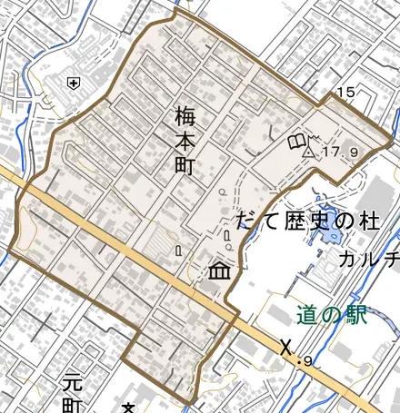 梅本町とその周辺の地図。町の範囲を重ねている