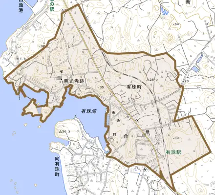 有珠町とその周辺の地図。町の範囲を重ねている