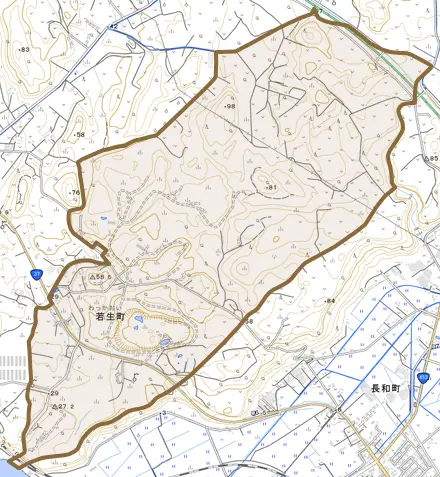 若生町とその周辺の地図。町の範囲を重ねている