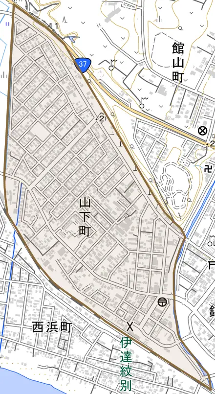 山下町とその周辺の地図。町の範囲を重ねている