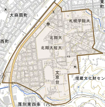 文京台とその周辺の地図。町の範囲を重ねている