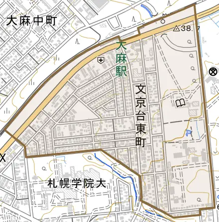 文京台東町とその周辺の地図。町の範囲を重ねている