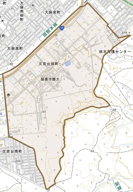 文京台緑町とその周辺の地図。町の範囲を重ねている